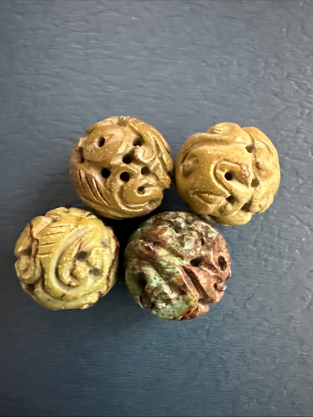 Vintage Carved Round Turquoise Bead Set - Olive Green and Earth Tones